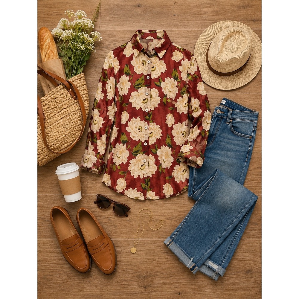 Bailey 44 Women's Sheer Floral Button Down Blouse Burgundy Red Cream Size Small‎